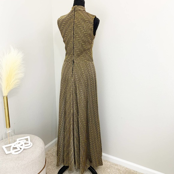 70s Metallic Maxi Dress Gold and Black with Psychedelic Waves size XS S - Picture 4 of 7